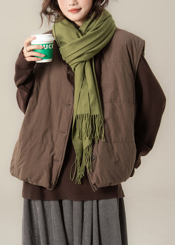 Loose Coffee O Neck Button Cotton Filled Two Piece Set Sleeveless