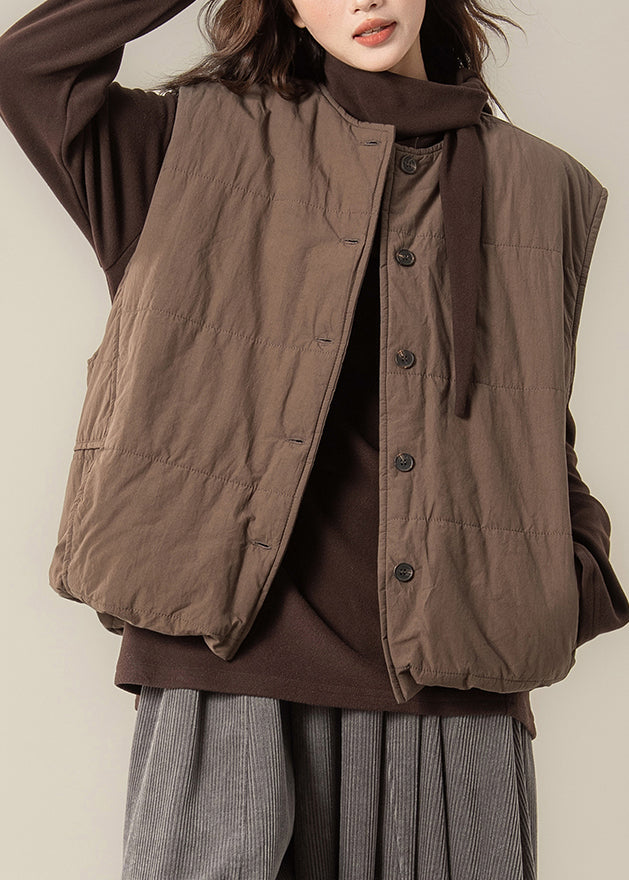 Loose Coffee O Neck Button Cotton Filled Two Piece Set Sleeveless