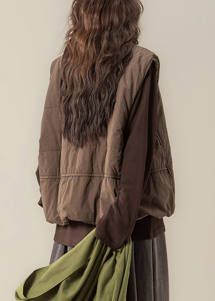 Loose Coffee O Neck Button Cotton Filled Two Piece Set Sleeveless