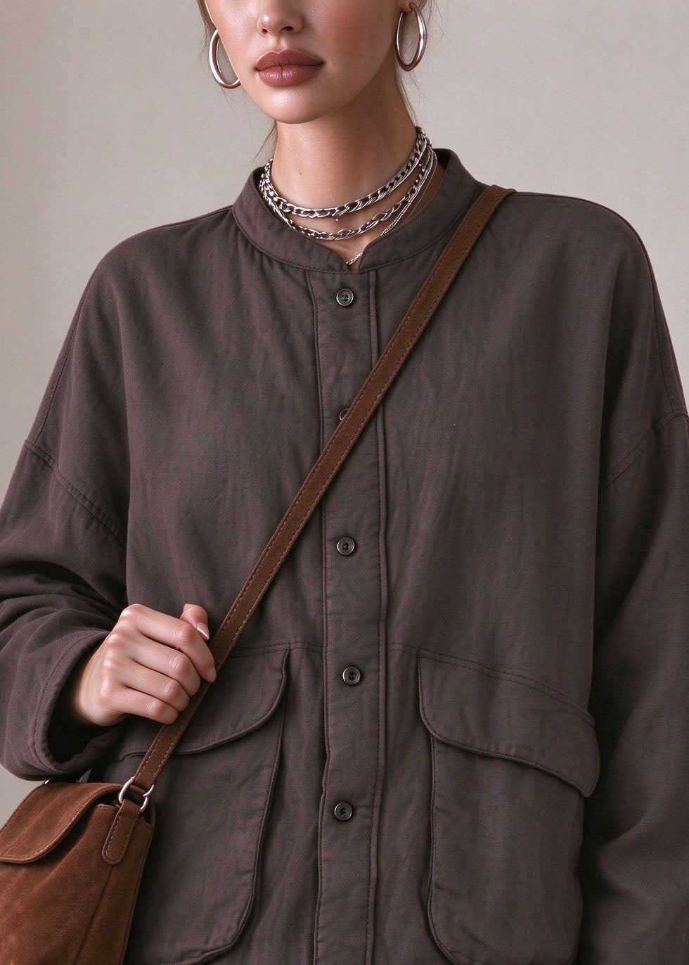 Loose Coffee O-Neck Pockets Warm Linen Coat Long Sleeve