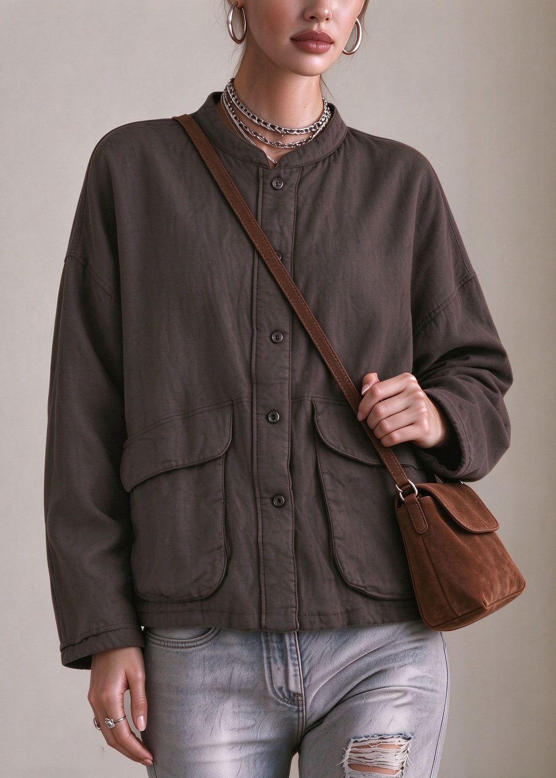 Loose Coffee O-Neck Pockets Warm Linen Coat Long Sleeve