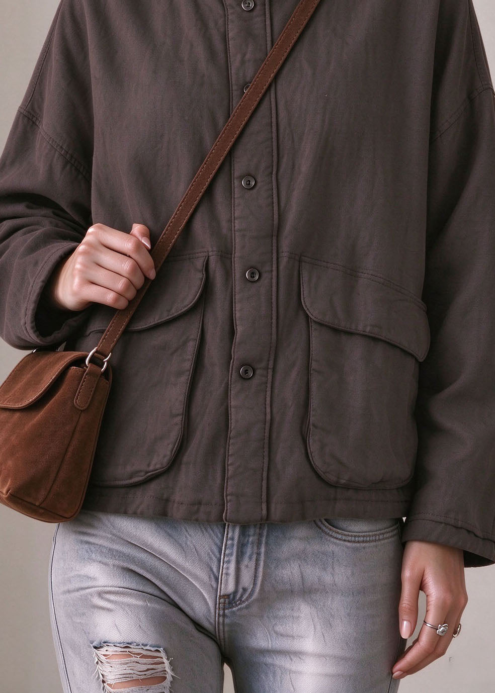 Loose Coffee O-Neck Pockets Warm Linen Coat Long Sleeve