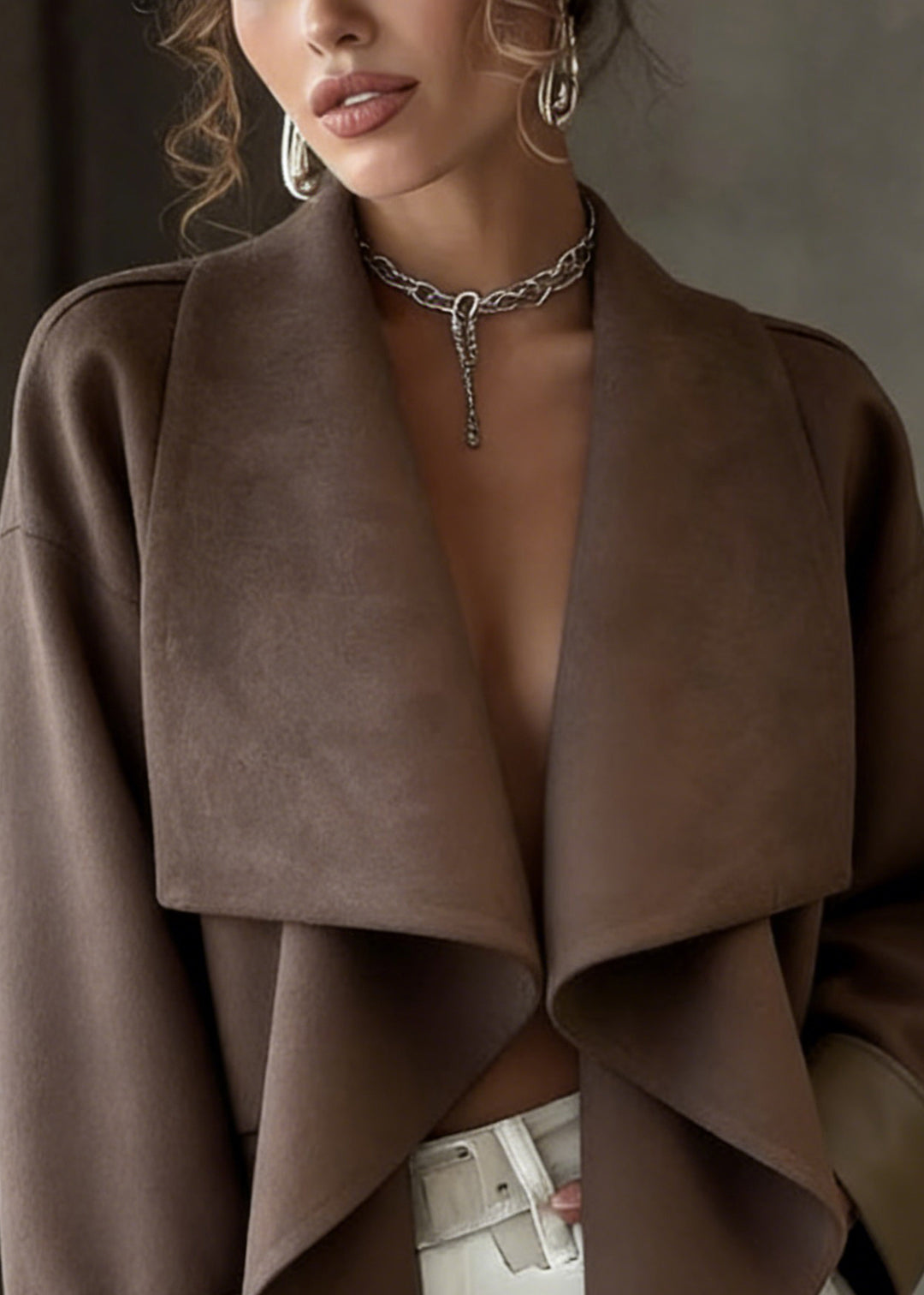 Loose Coffee Peter Pan Collar Faux Suede Solid Coats Spring