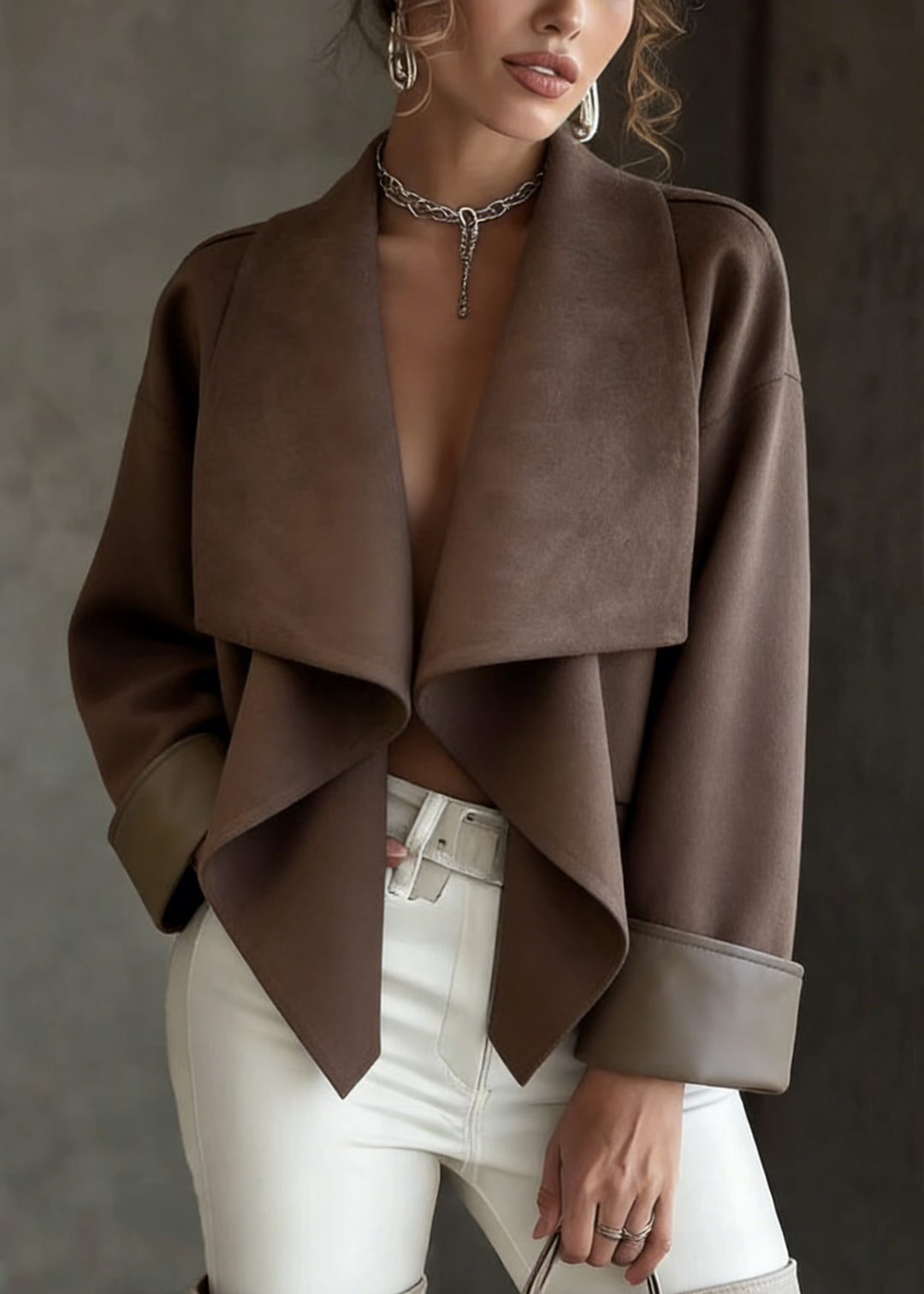 Loose Coffee Peter Pan Collar Faux Suede Solid Coats Spring