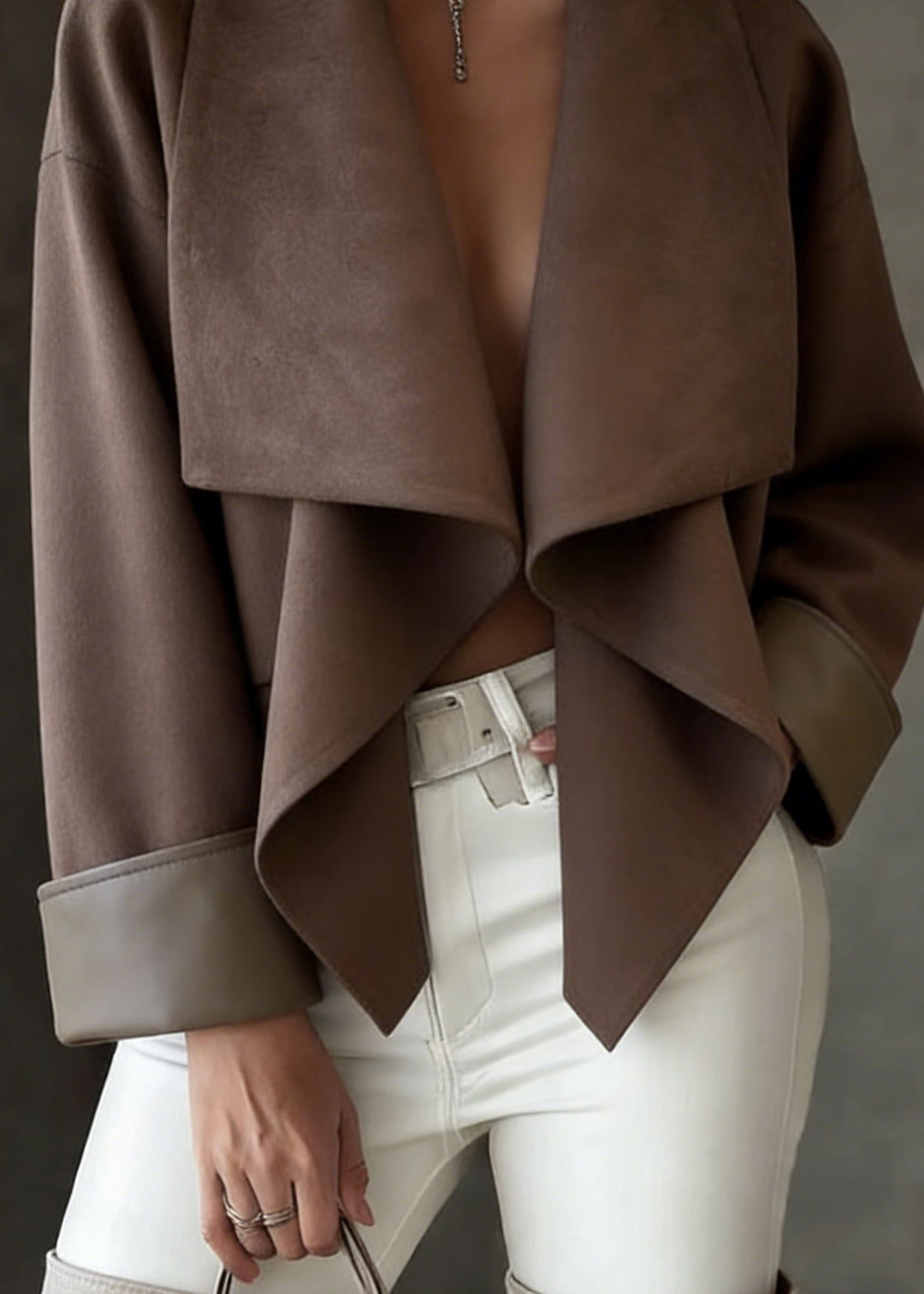 Loose Coffee Peter Pan Collar Faux Suede Solid Coats Spring