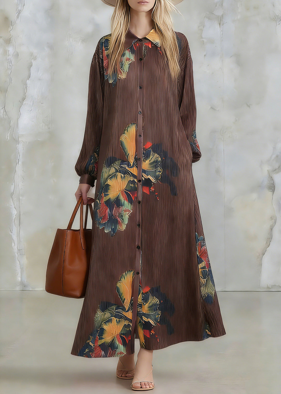 Loose Coffee Peter Pan Collar Print Maxi Dresses Lantern Sleeve