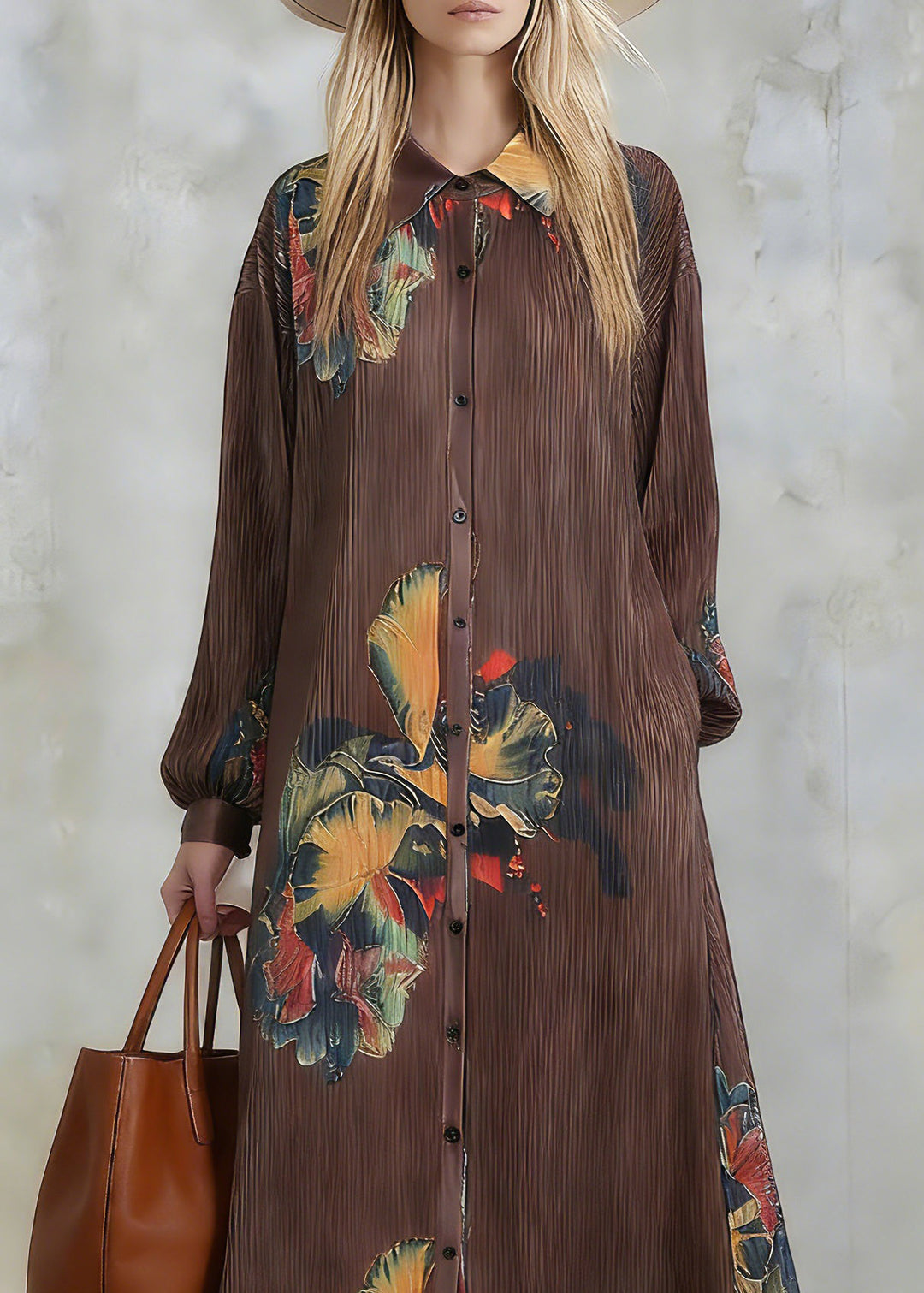 Loose Coffee Peter Pan Collar Print Maxi Dresses Lantern Sleeve