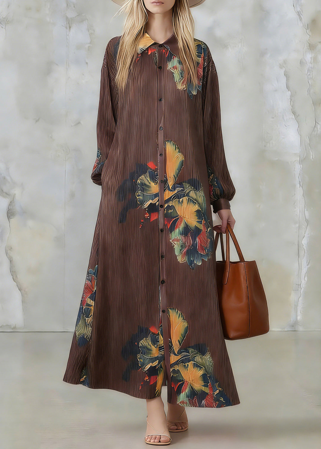 Loose Coffee Peter Pan Collar Print Maxi Dresses Lantern Sleeve