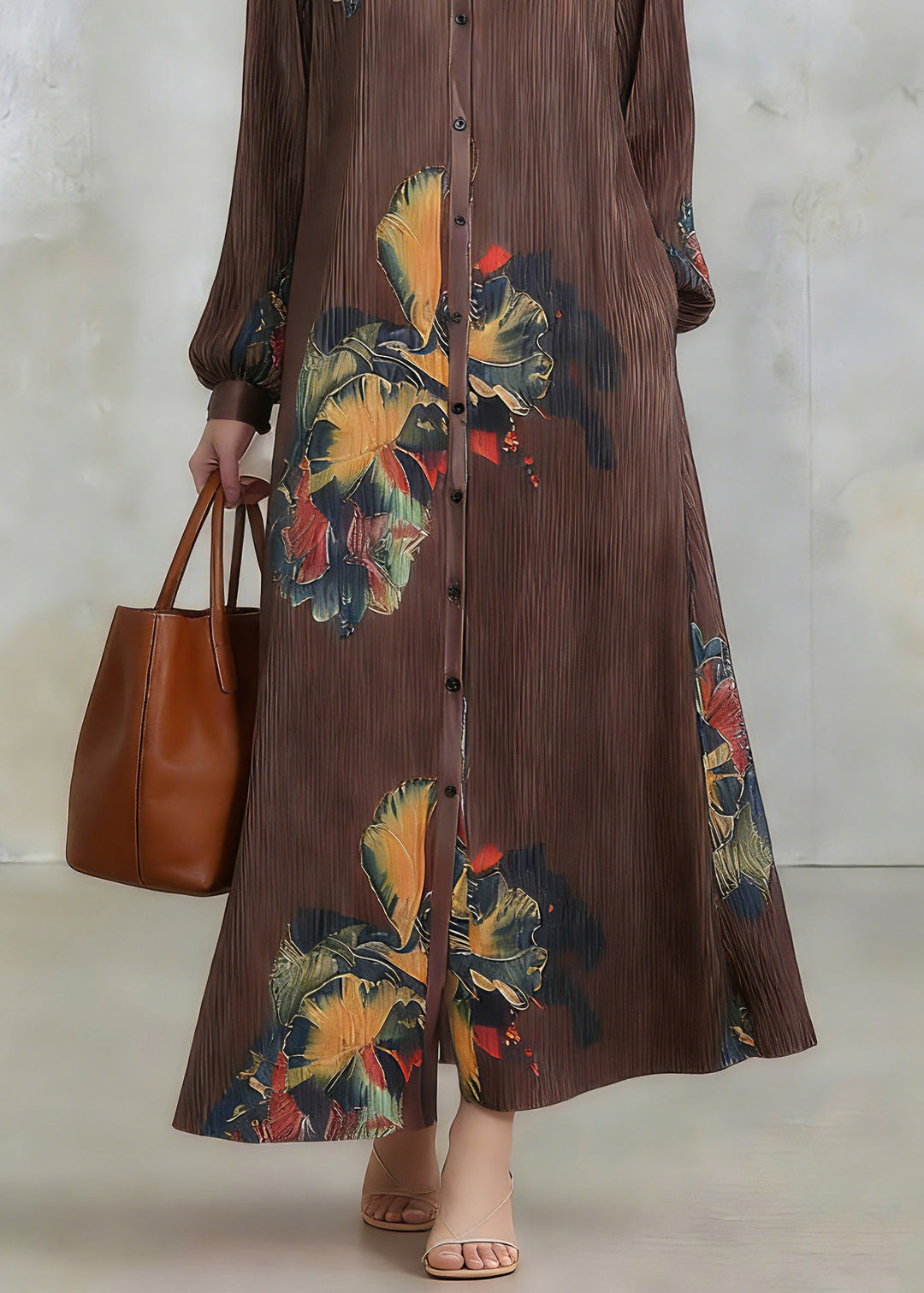 Loose Coffee Peter Pan Collar Print Maxi Dresses Lantern Sleeve