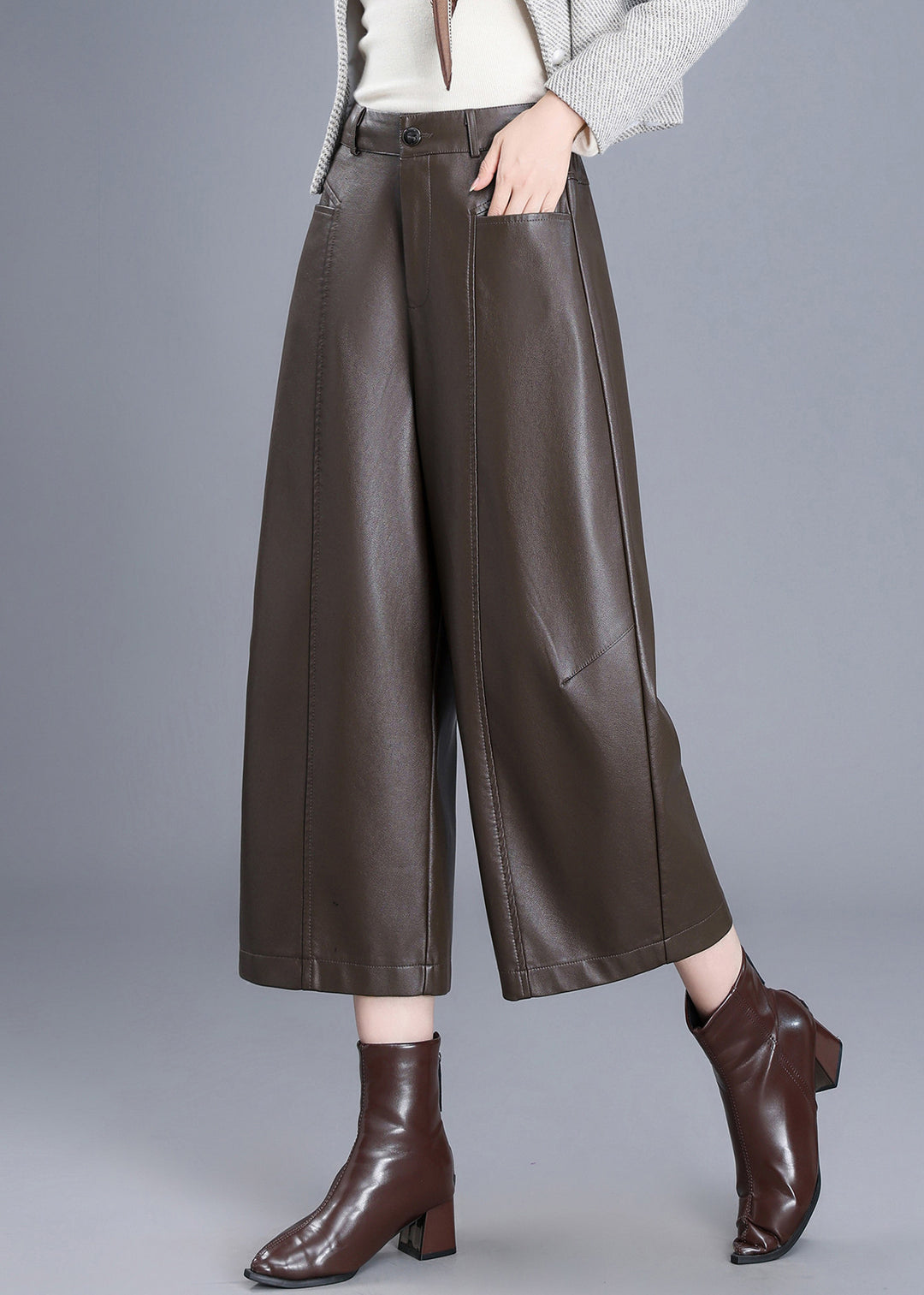 Loose Coffee Pockets High Waist Faux Leather Wide Leg Crop Pants Fall