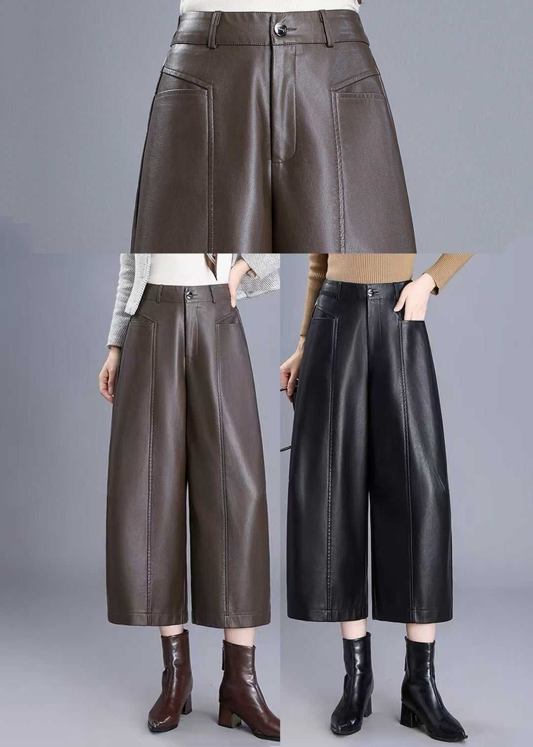 Loose Coffee Pockets High Waist Faux Leather Wide Leg Crop Pants Fall