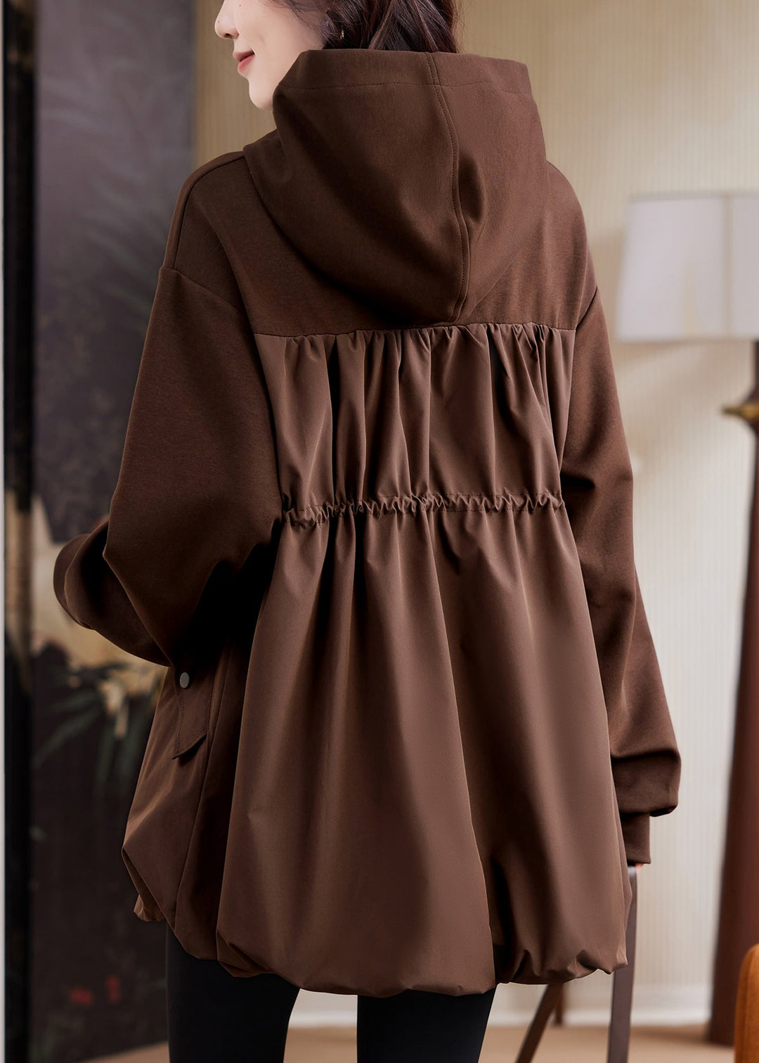 Loose Coffee Pockets Patchwork Drawstring Sweatshirt Fall