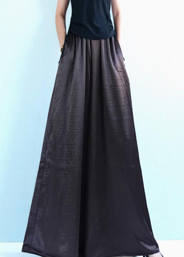 Loose Coffee Pockets Solid Silk Wide Leg Pants Summer