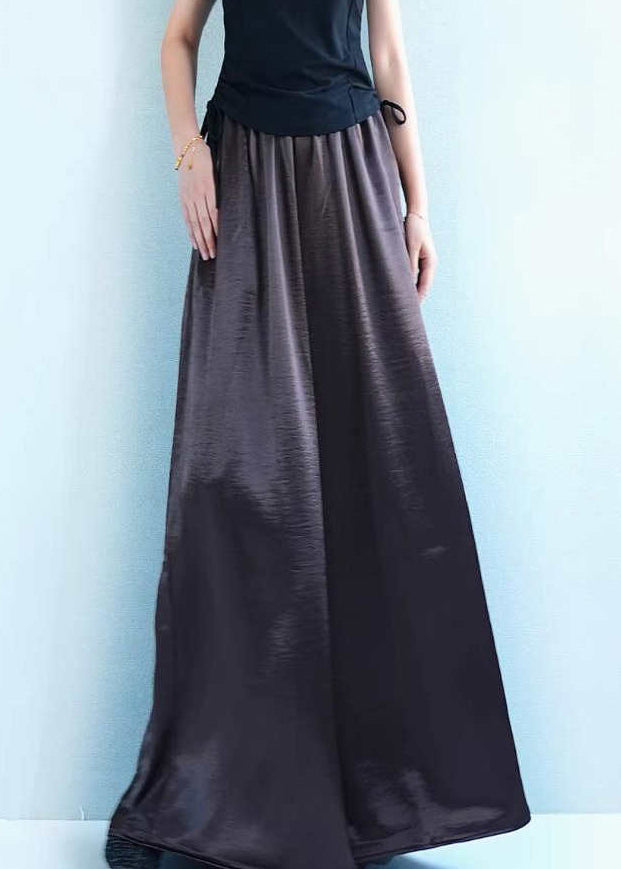 Loose Coffee Pockets Solid Silk Wide Leg Pants Summer
