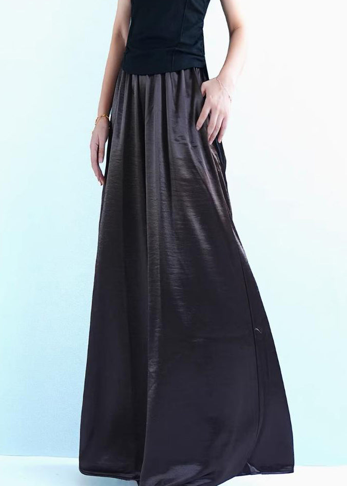 Loose Coffee Pockets Solid Silk Wide Leg Pants Summer