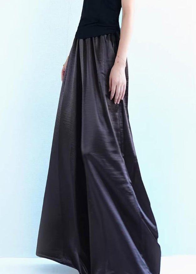 Loose Coffee Pockets Solid Silk Wide Leg Pants Summer