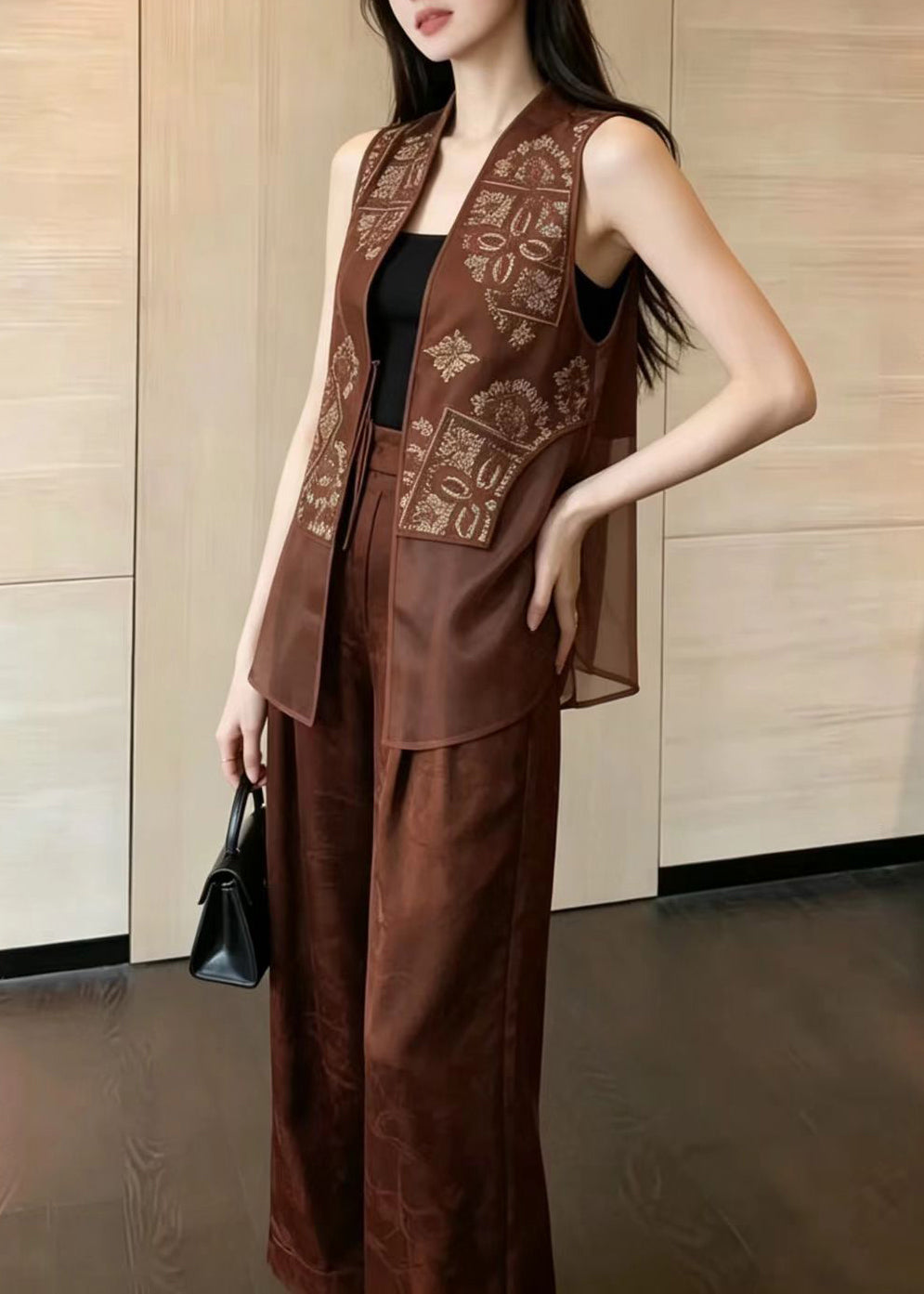 Loose Coffee Print Patchwork Tulle Women Sets 2 Pieces Sleeveless