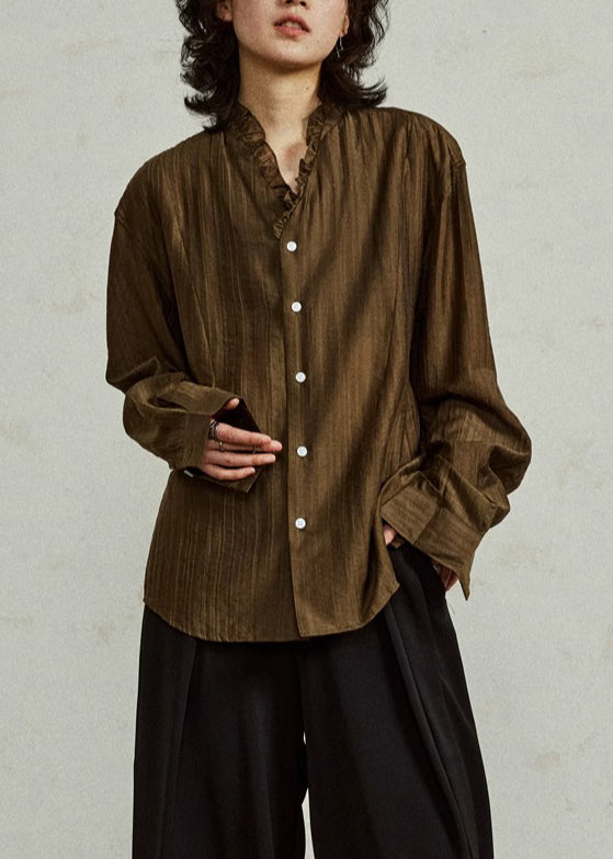 Loose Coffee Ruffled Button Cotton Blouses Fall
