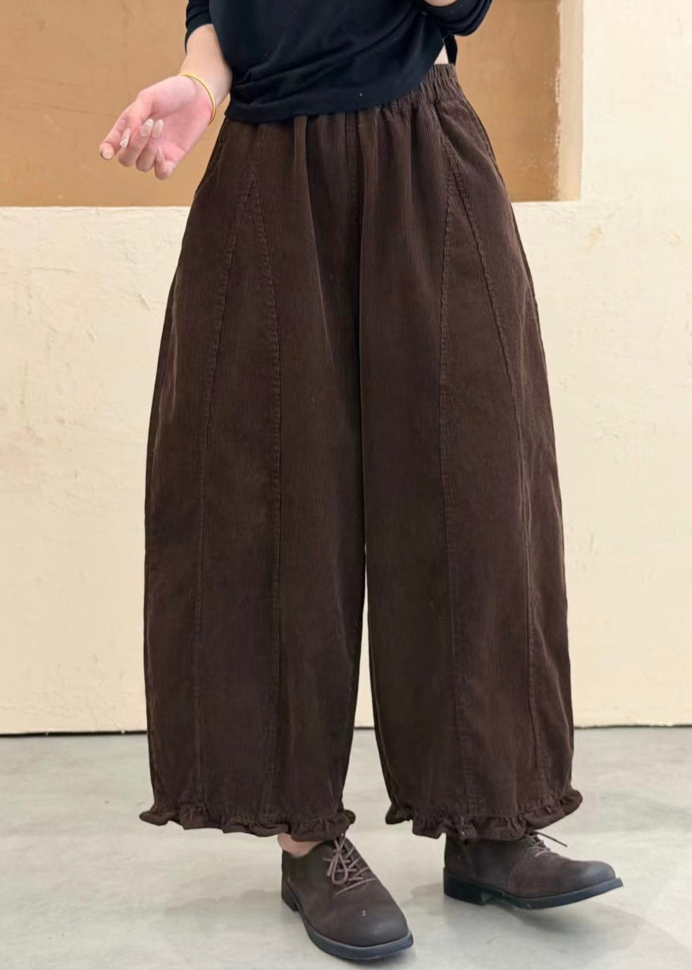 Loose Coffee Ruffled Pockets Patchwork Cotton Pants Fall
