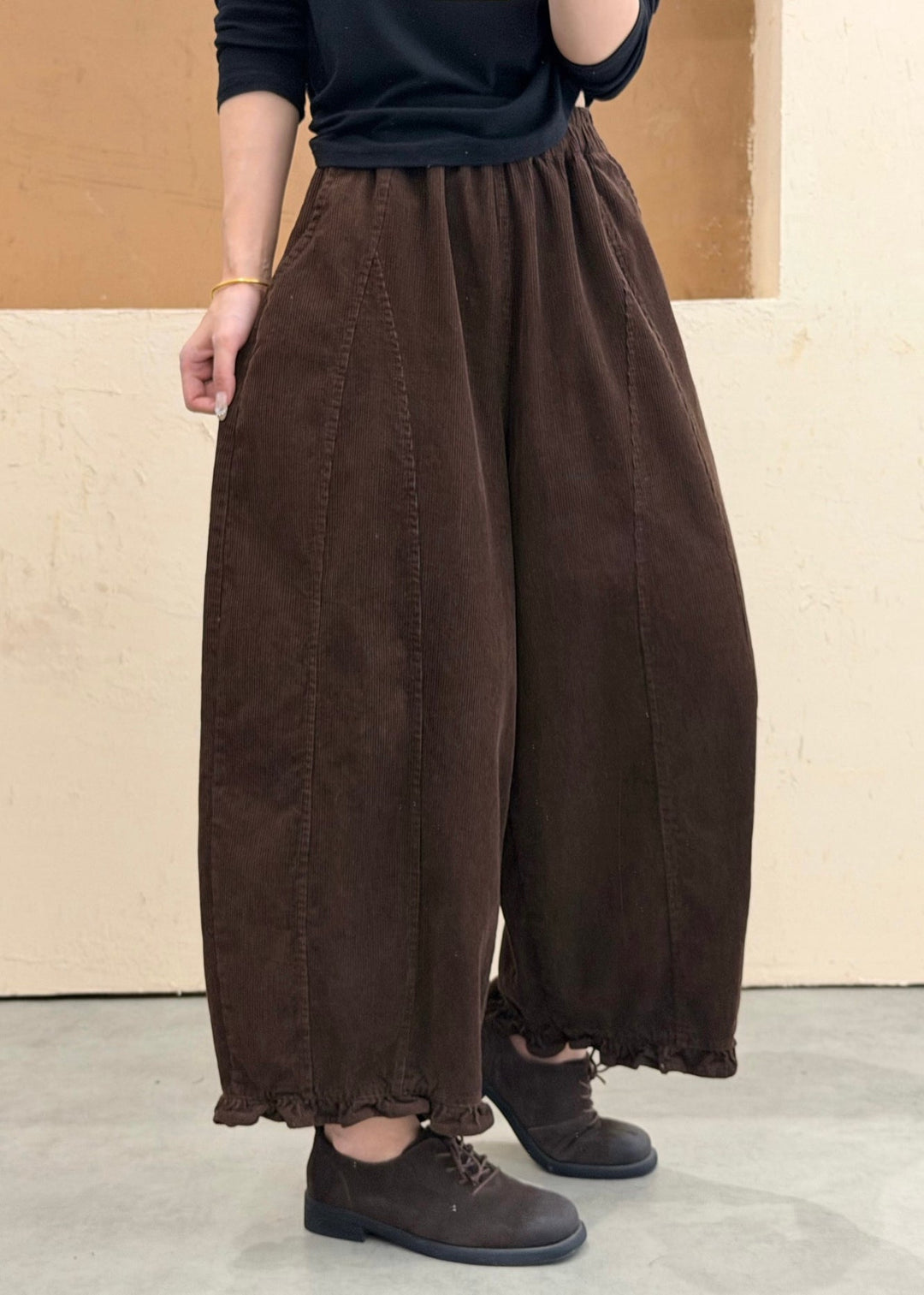 Loose Coffee Ruffled Pockets Patchwork Cotton Pants Fall