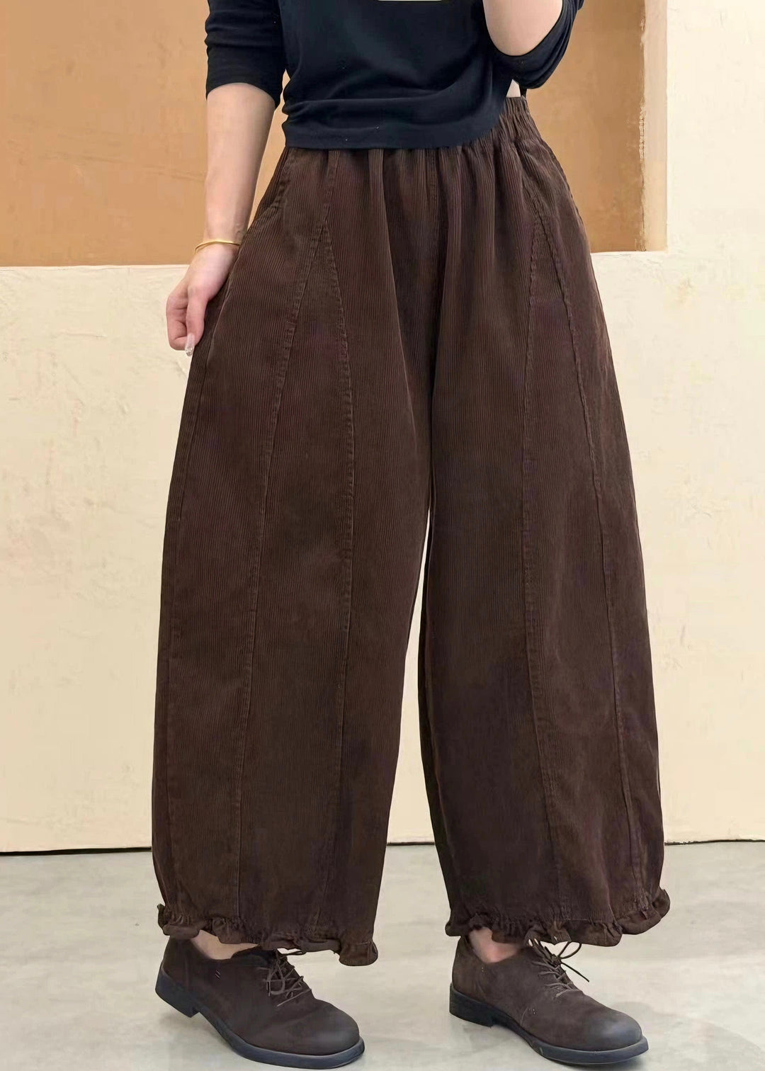 Loose Coffee Ruffled Pockets Patchwork Cotton Pants Fall