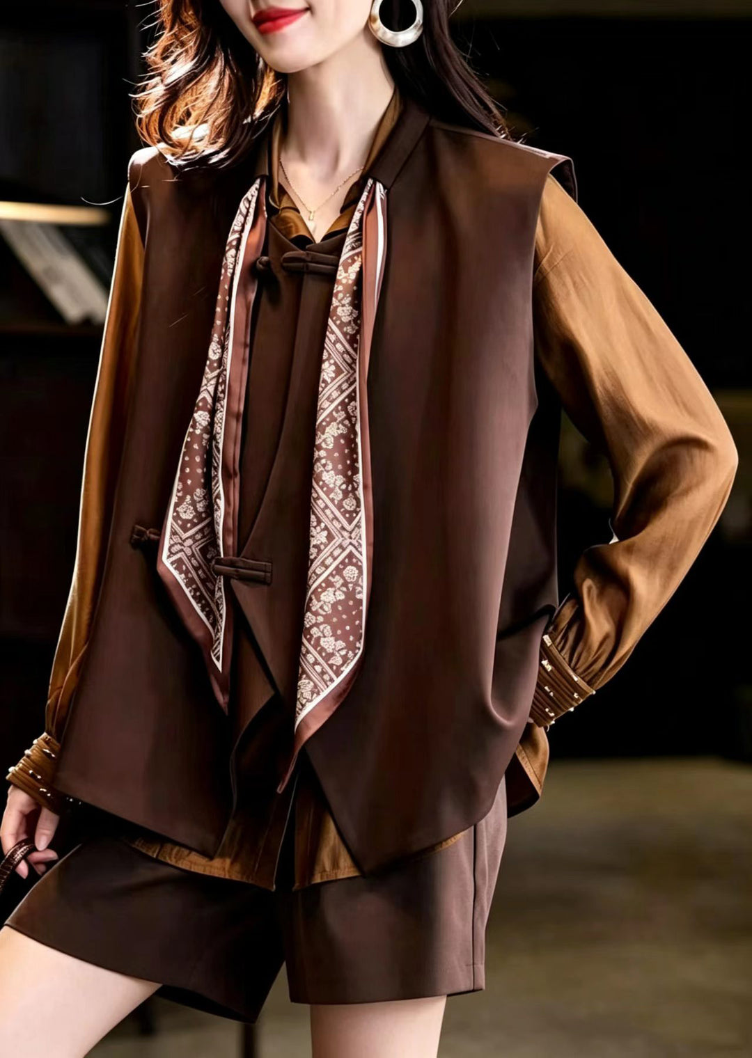 Loose Coffee Scarf Frog Button Waistcoat Tops Sleeveless