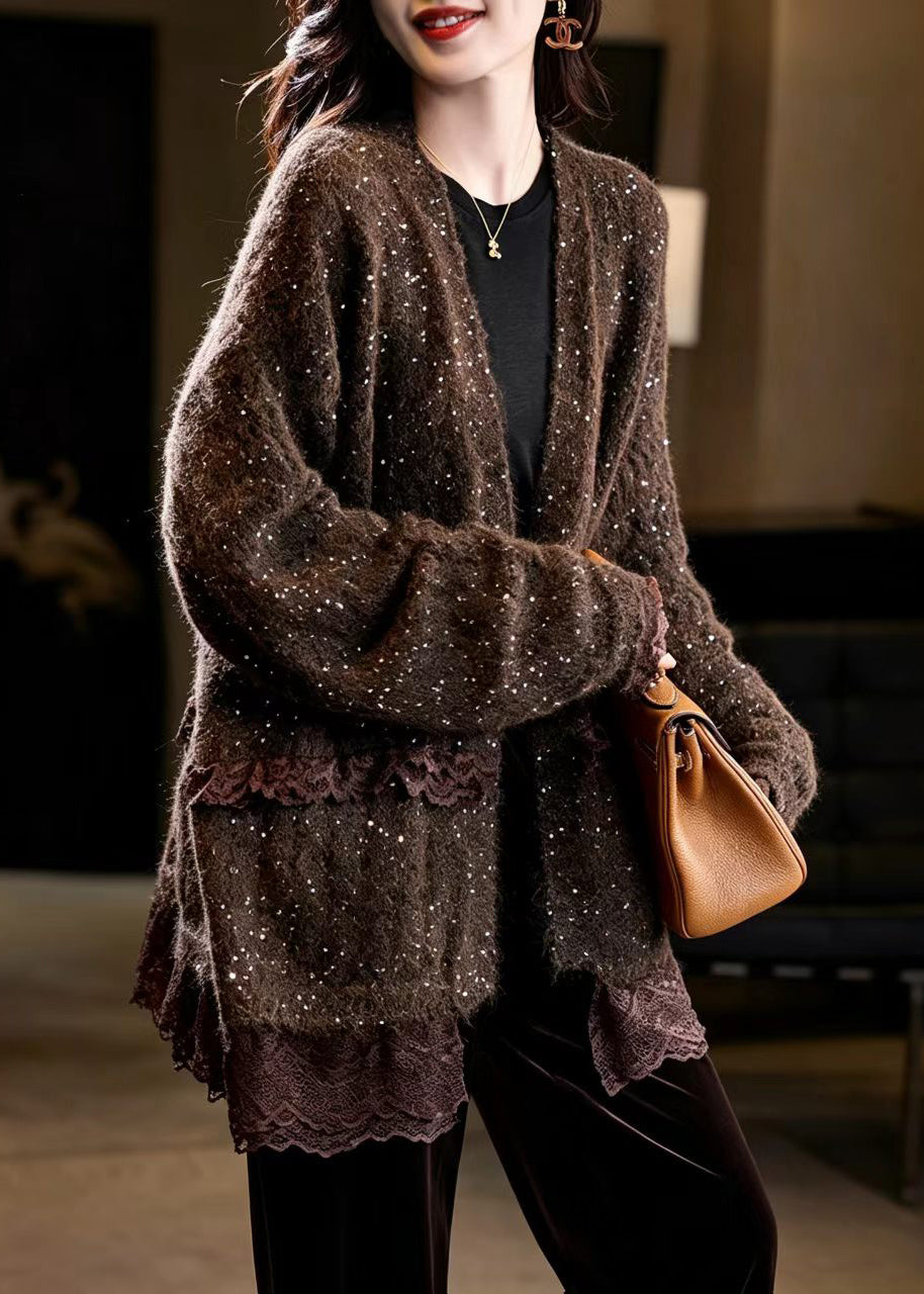 Loose Coffee Sequins Midi Length Patchwork Lace Cardigan Fall