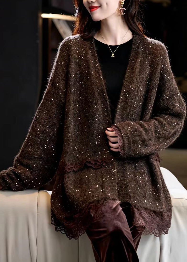 Loose Coffee Sequins Midi Length Patchwork Lace Cardigan Fall