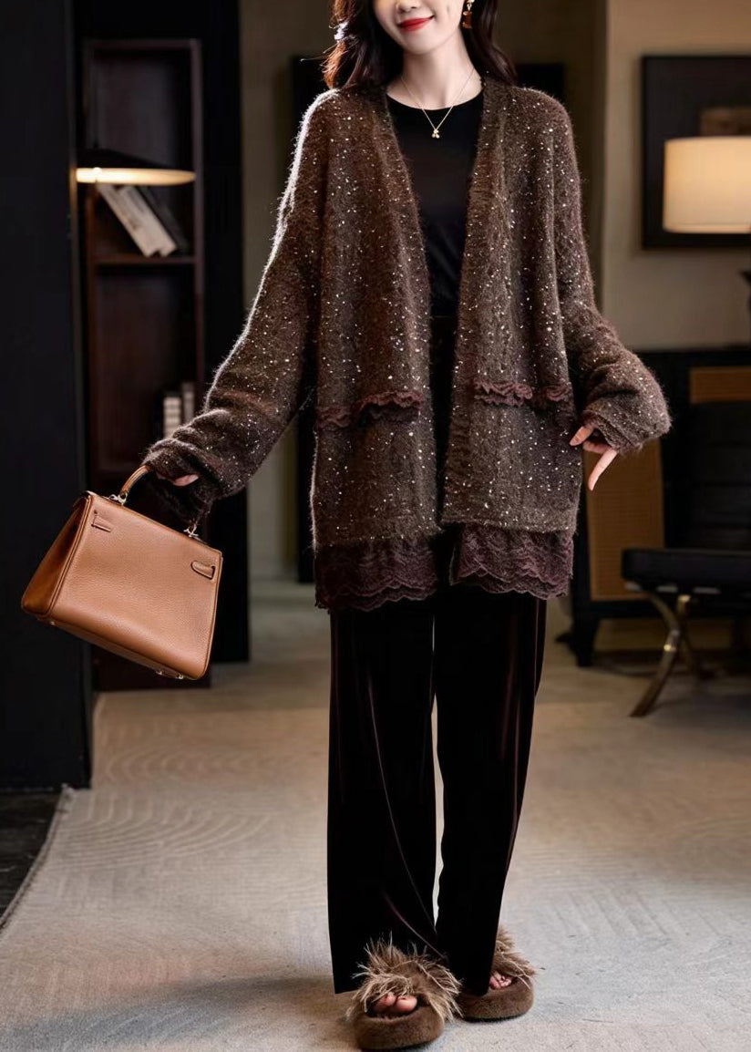 Loose Coffee Sequins Midi Length Patchwork Lace Cardigan Fall