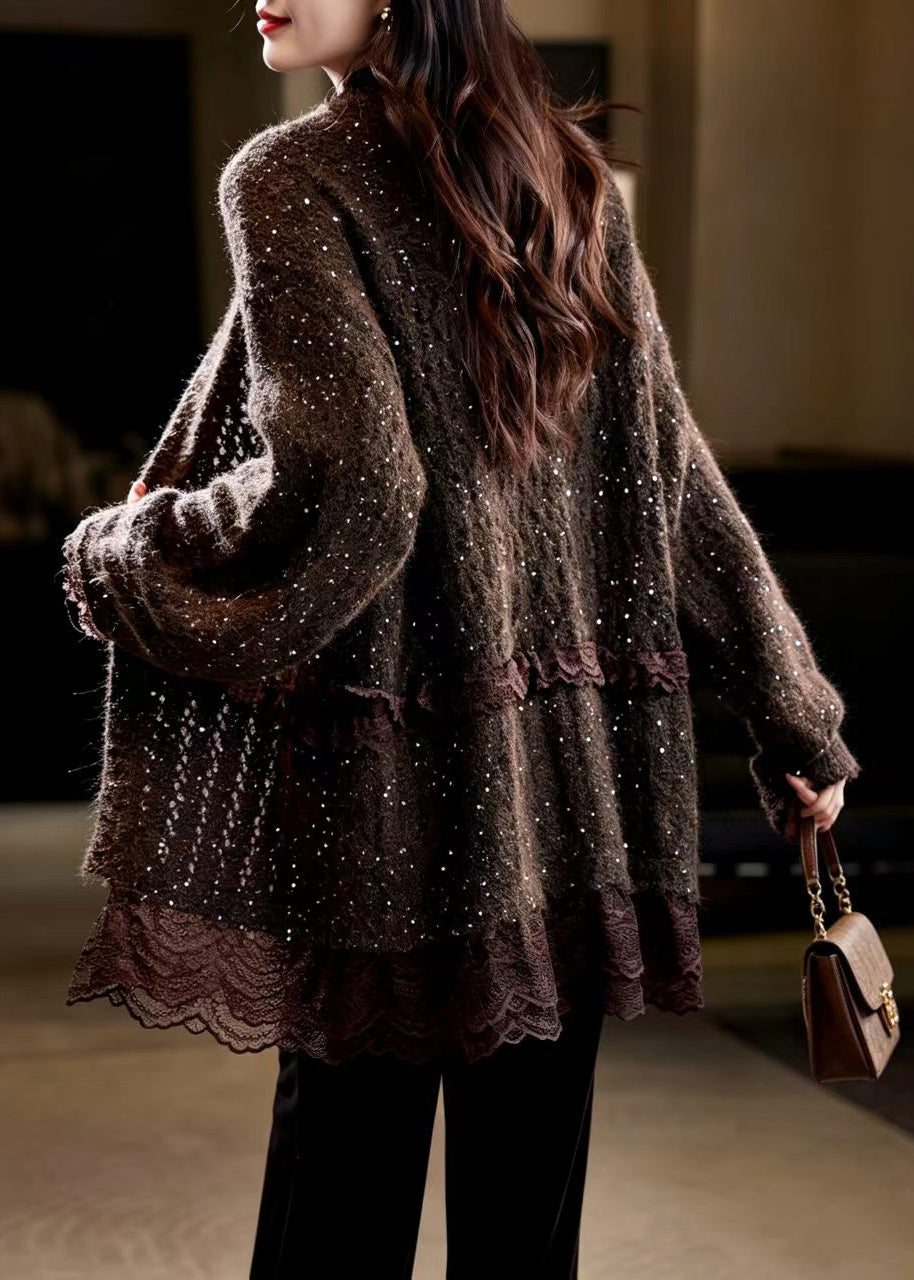 Loose Coffee Sequins Midi Length Patchwork Lace Cardigan Fall