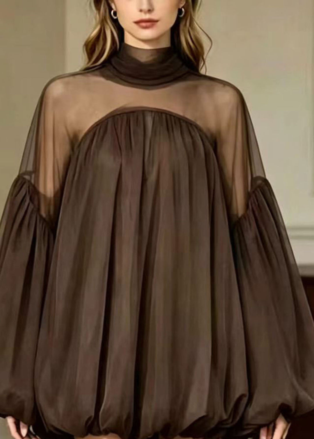 Loose Coffee Sheer Tulle Patchwork Bubble Hem Dresses Lantern Sleeve