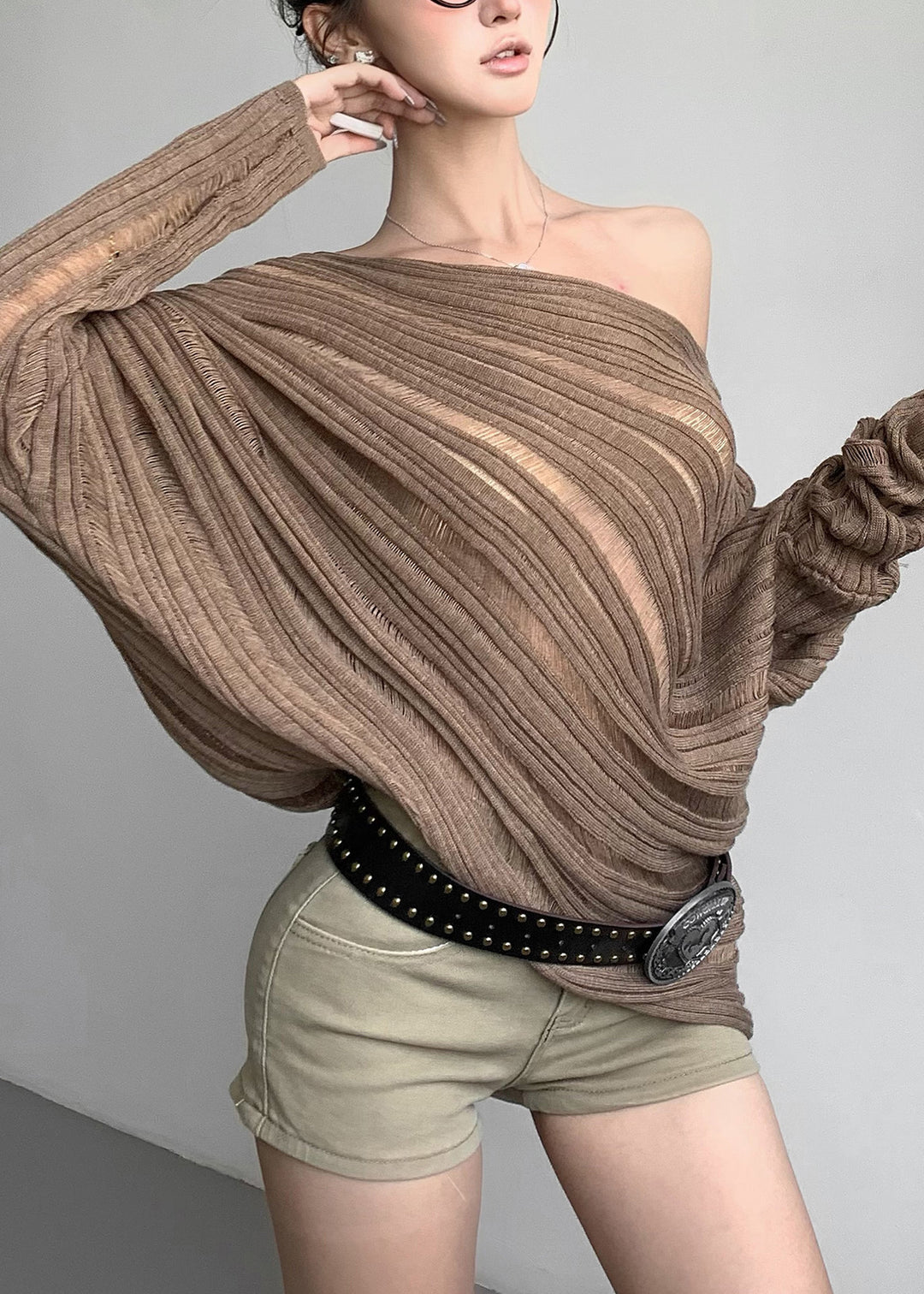 Loose Coffee Striped Hollow Out Knit Sweaters Fall