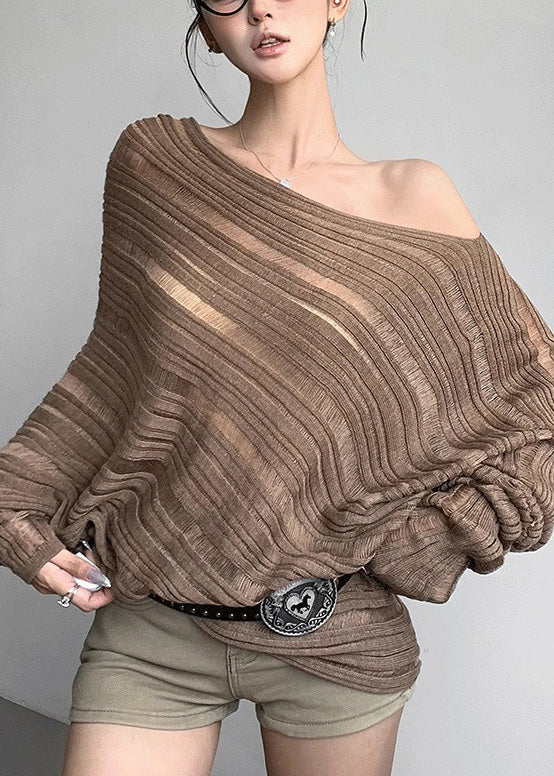 Loose Coffee Striped Hollow Out Knit Sweaters Fall