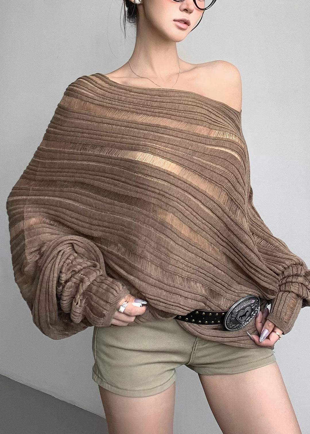Loose Coffee Striped Hollow Out Knit Sweaters Fall
