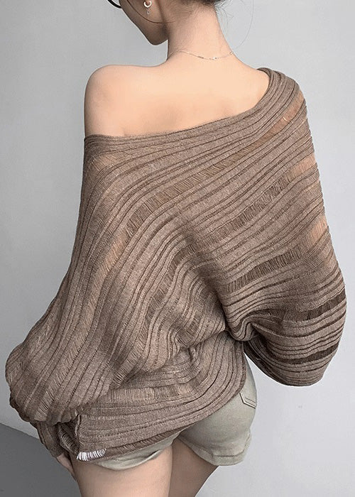 Loose Coffee Striped Hollow Out Knit Sweaters Fall