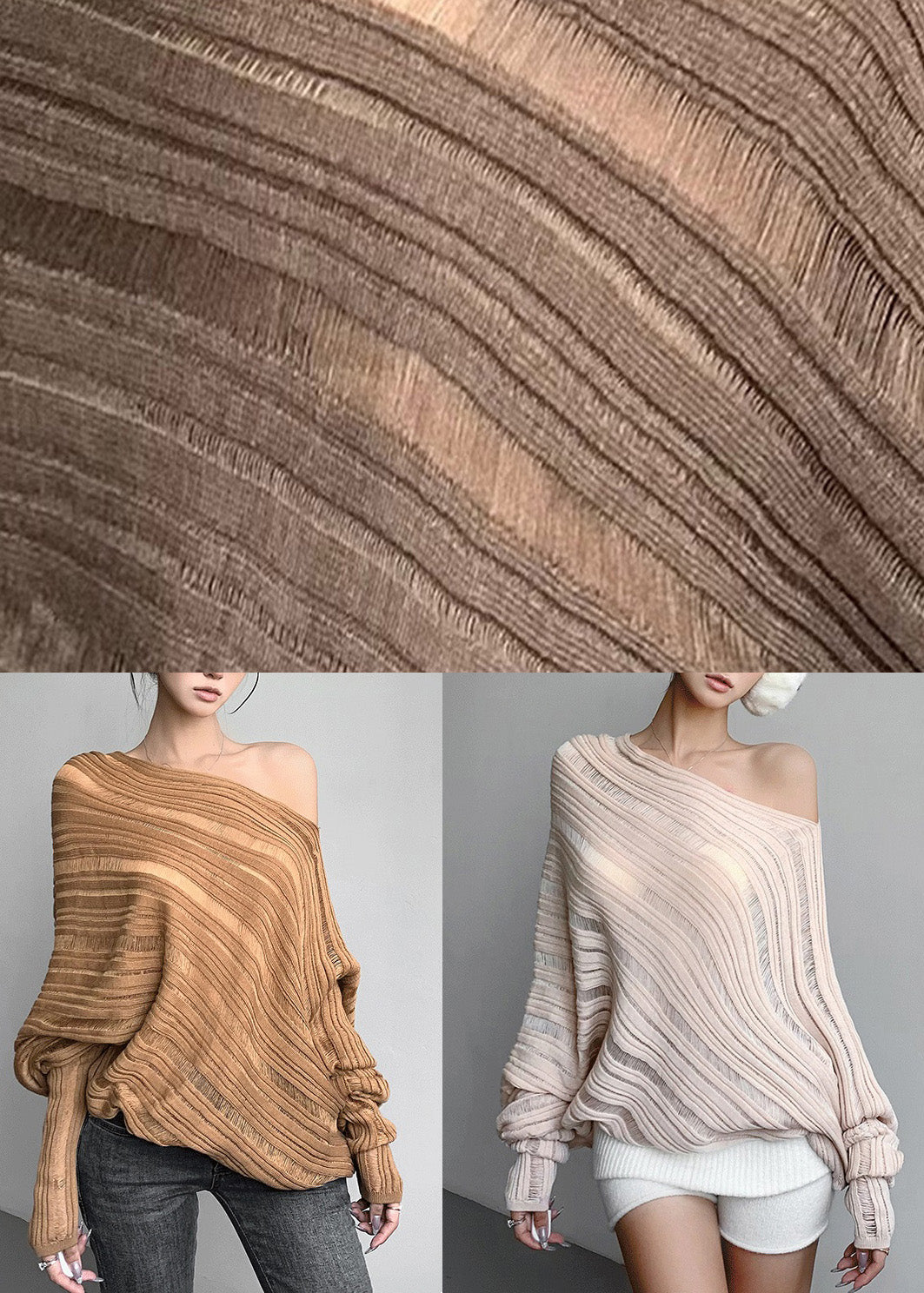 Loose Coffee Striped Hollow Out Knit Sweaters Fall