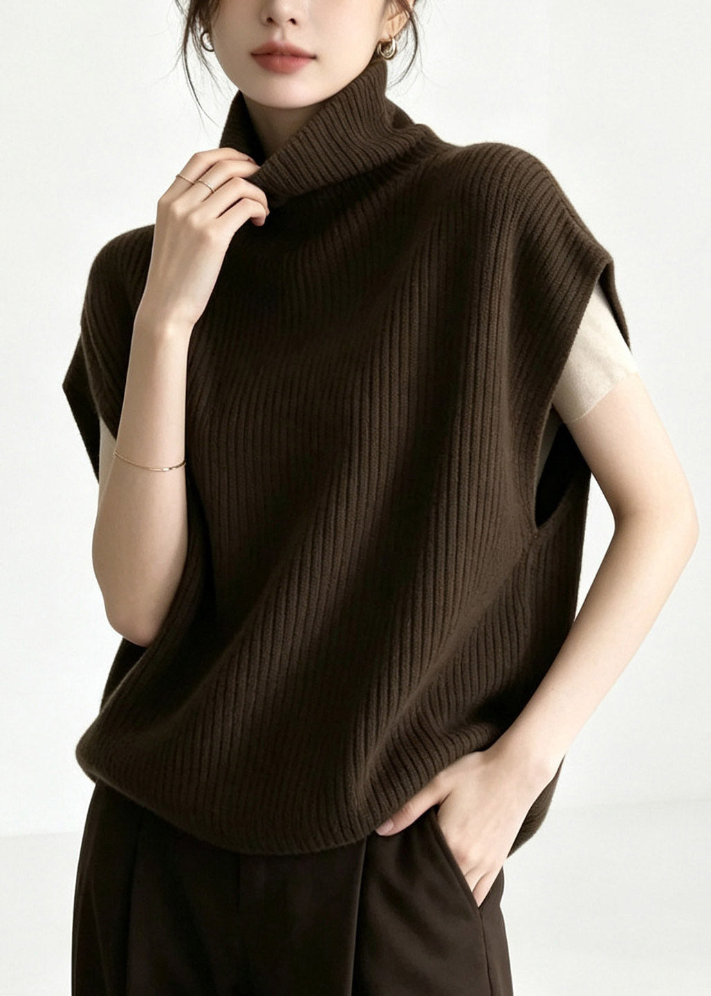 Loose Coffee Turtleneck Warm Cotton Knit Waistcoat Short Sleeve