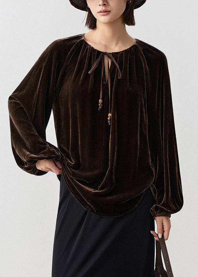 Loose Coffee Wrinkled Lace Up Silk Velour Shirt Fall