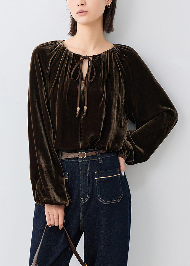 Loose Coffee Wrinkled Lace Up Silk Velour Shirt Fall