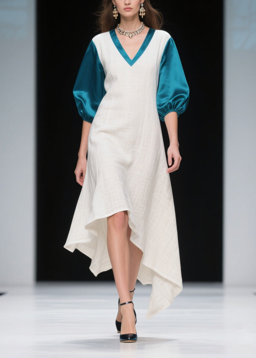Loose Colorblock Asymmetrical Patchwork Linen Silk Dress Summer