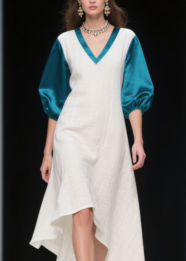 Loose Colorblock Asymmetrical Patchwork Linen Silk Dress Summer