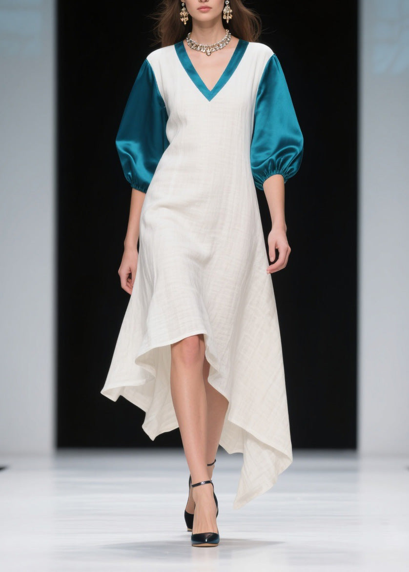 Loose Colorblock Asymmetrical Patchwork Linen Silk Dress Summer