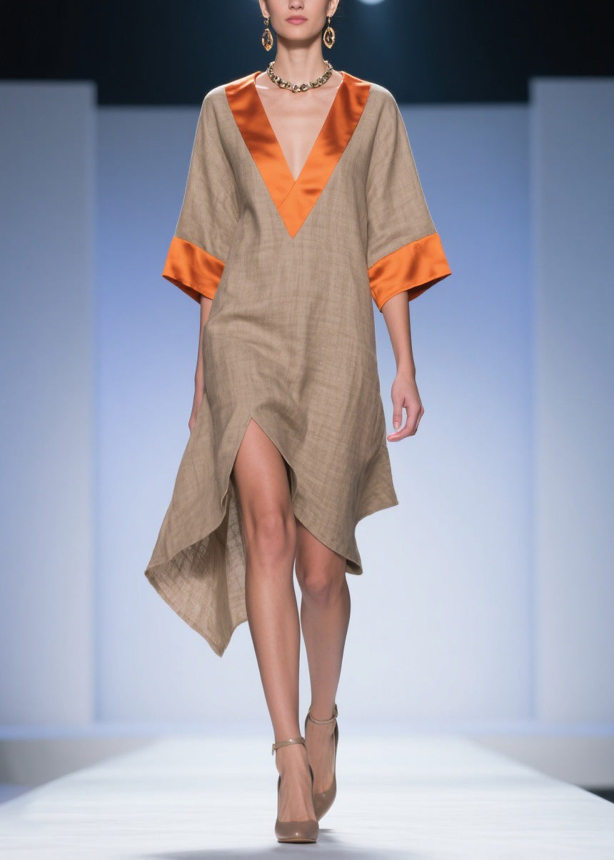 Loose Colorblock Asymmetrical Patchwork Linen Silk Dresses Summer