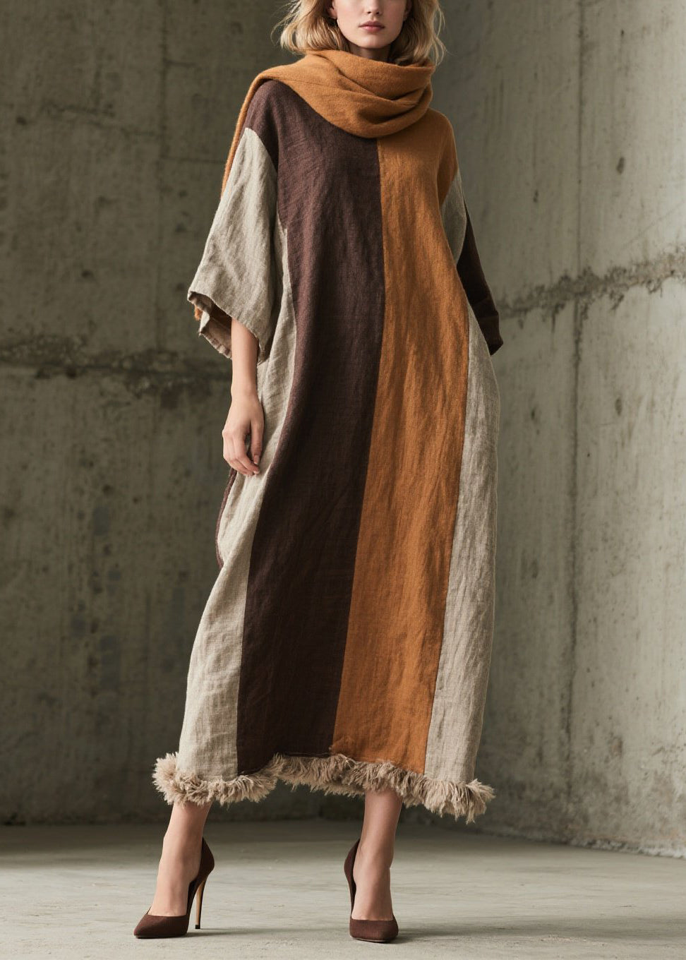 Loose Colorblock Fuzzy Fur Patchwork Cotton Dress Summer