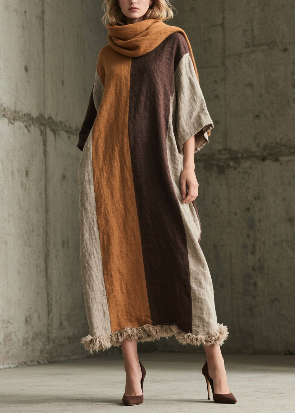 Loose Colorblock Fuzzy Fur Patchwork Cotton Dress Summer
