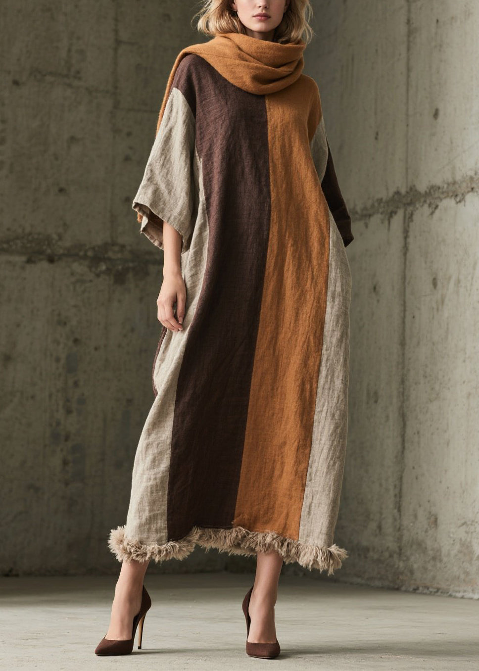 Loose Colorblock Fuzzy Fur Patchwork Cotton Dress Summer
