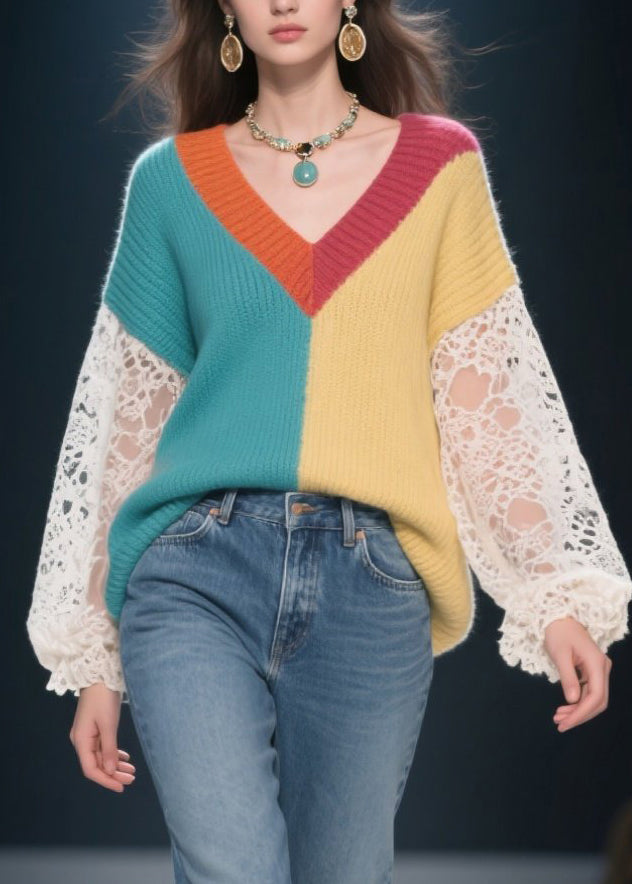 Loose Colorblock Hollow Out Lace Patchwork Knit Sweater Fall