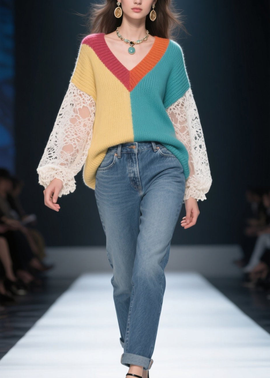 Loose Colorblock Hollow Out Lace Patchwork Knit Sweater Fall