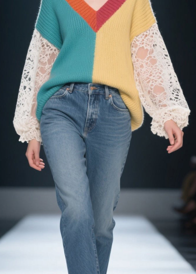 Loose Colorblock Hollow Out Lace Patchwork Knit Sweater Fall