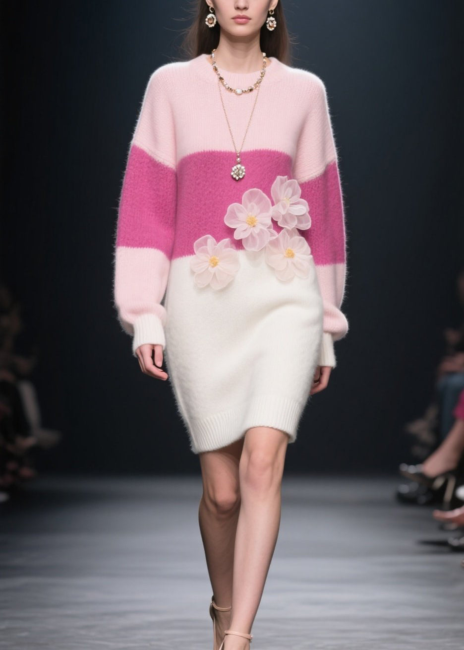 Loose Colorblock O Neck Floral Knit Long Dress Winter